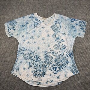 Jess & Jane Blouse Womens XL Blue Floral Crinkle Cottage Coastal Y2K Made in USA